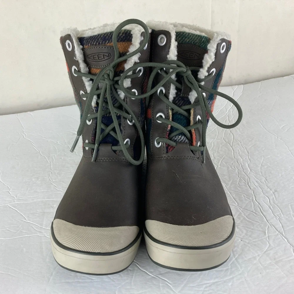 KEEN Elsa Waterproof Winter Boots Sz 8.5 Brown Plaid Faux Fur Lined Snow Rain
